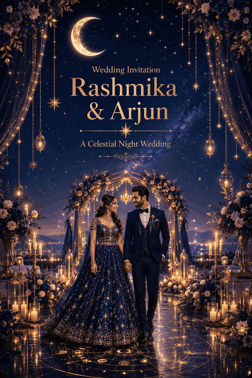 Celestial night wedding invitation website template featuring stars and moonlit wedding aesthetics