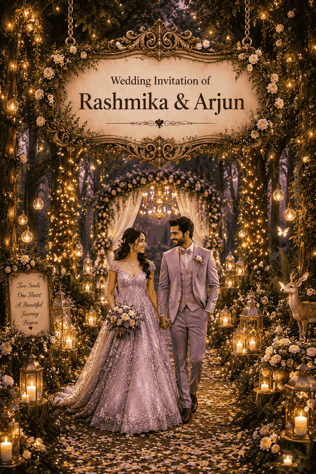 Forest fairytale wedding invitation website template featuring enchanted woodland scenery