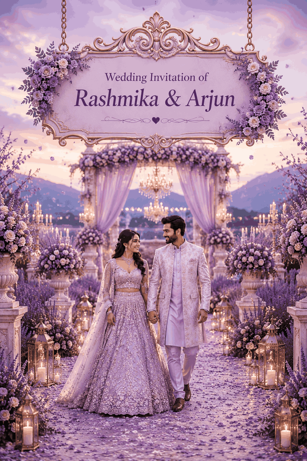 Lavender wedding invitation website template featuring pastel floral aesthetics