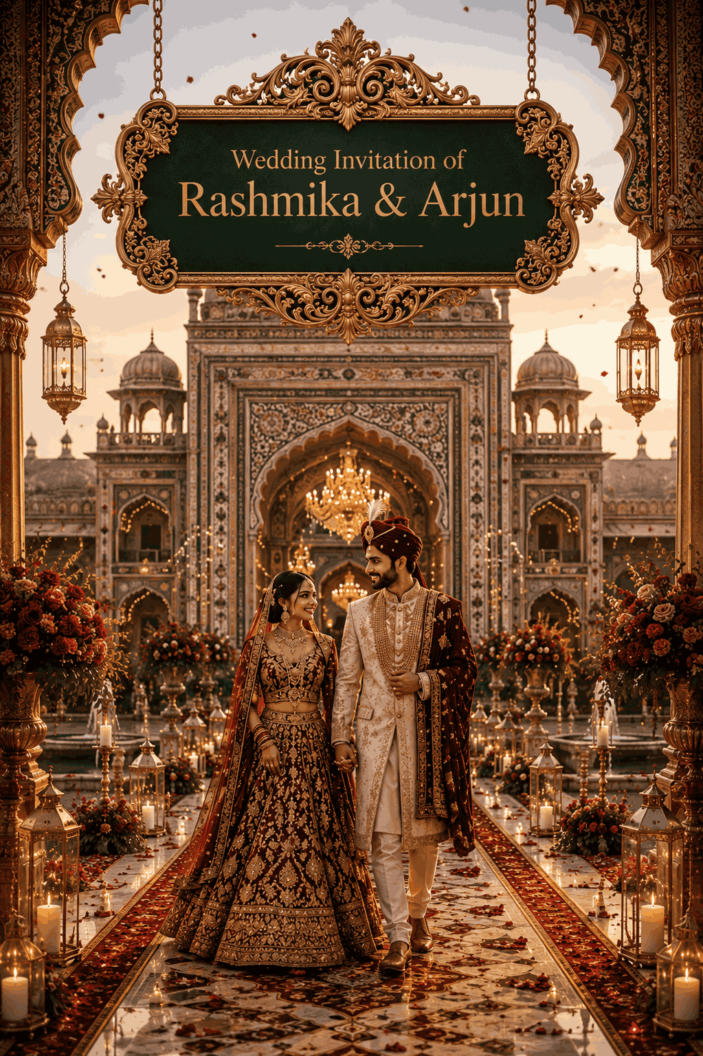 Royal Mughal wedding invitation website template featuring Mughal architecture, royal Indian heritage and luxury wedding aesthetics
