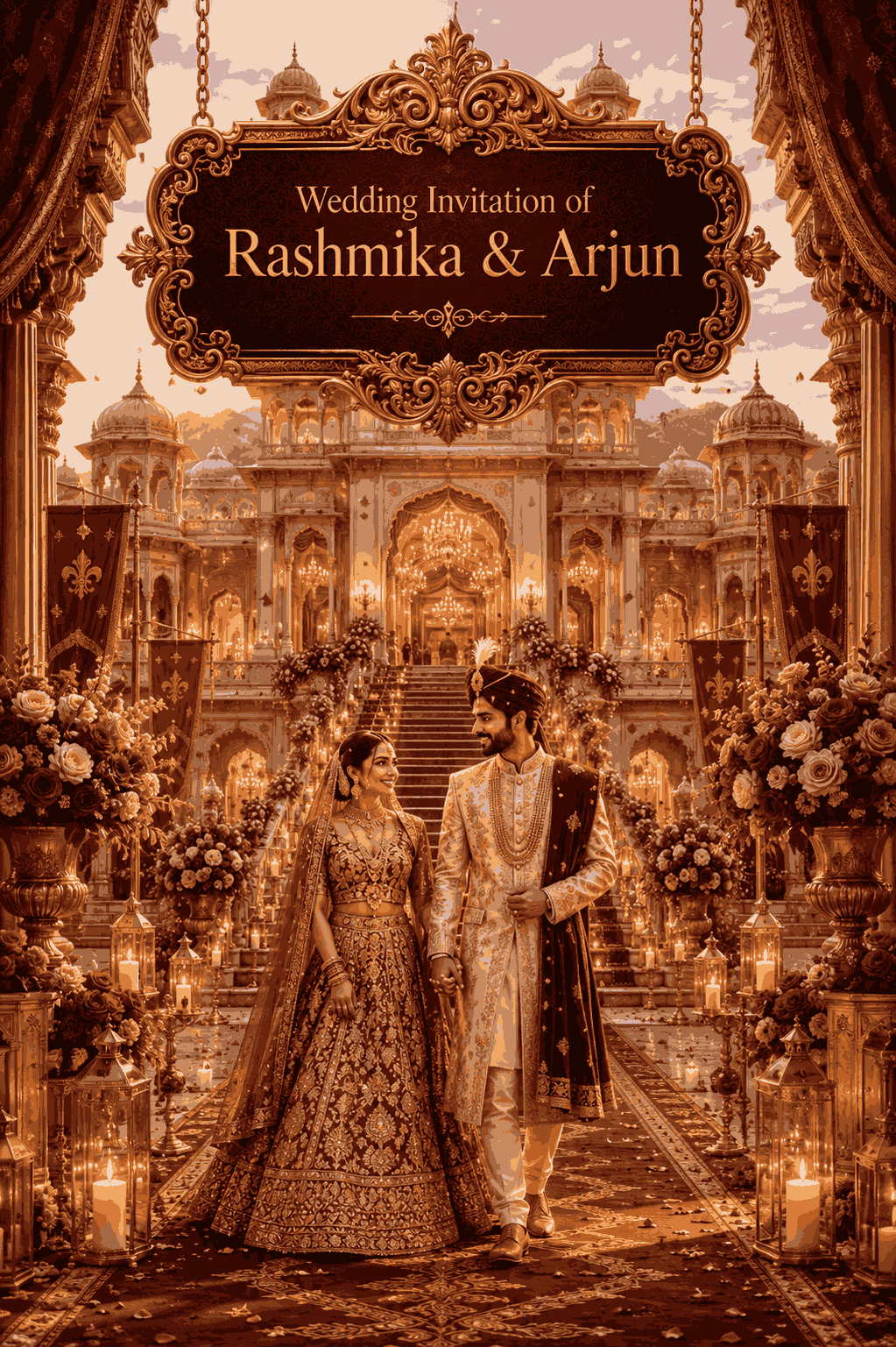 Royal palace wedding invitation website template featuring grand architecture, luxury wedding aesthetics and royal celebration design