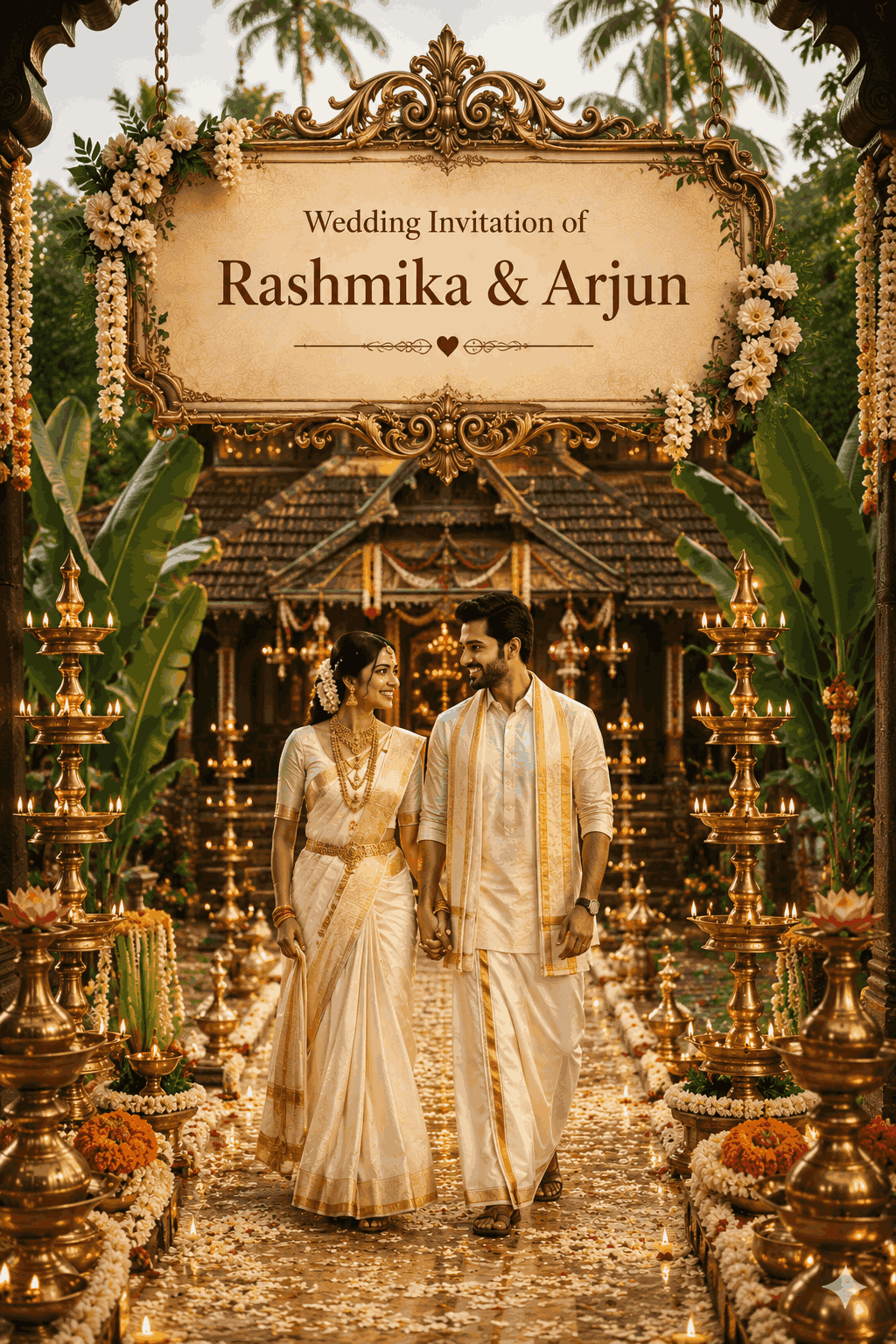 Traditional Kerala wedding invitation website template featuring South Indian cultural aesthetics
