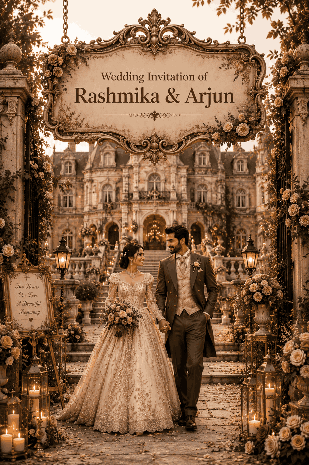 Vintage European castle wedding invitation website template featuring historic architecture, royal elegance and timeless wedding aesthetics